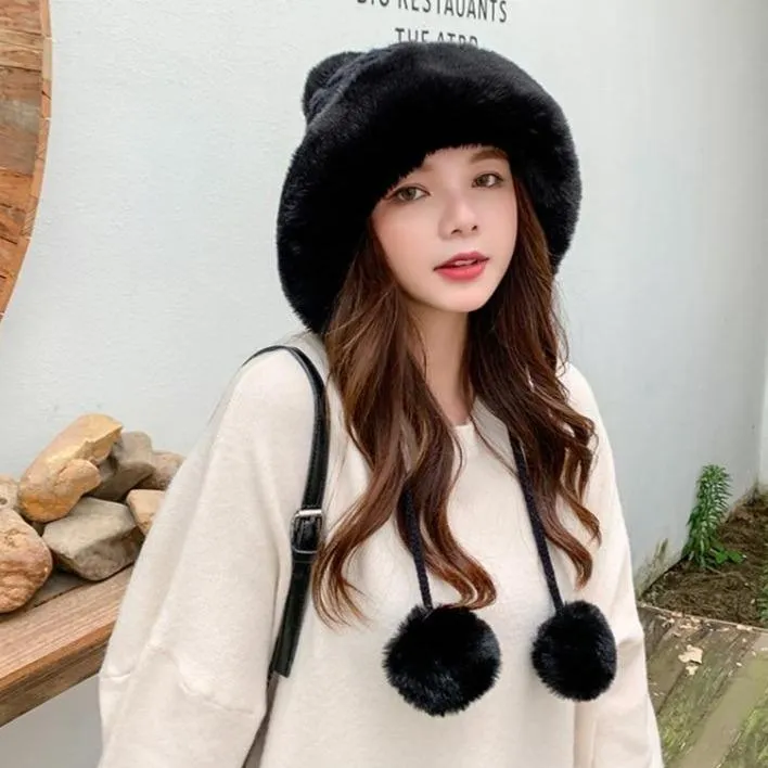 Knitted Woolly Hat With Faux Fur Trim and Pom Poms: Cute Winter Hat Female Russian Style Thick Warm Fur Hat Ladies Ski Girls