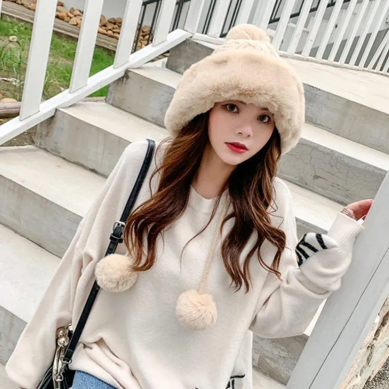 Knitted Woolly Hat With Faux Fur Trim and Pom Poms: Cute Winter Hat Female Russian Style Thick Warm Fur Hat Ladies Ski Girls