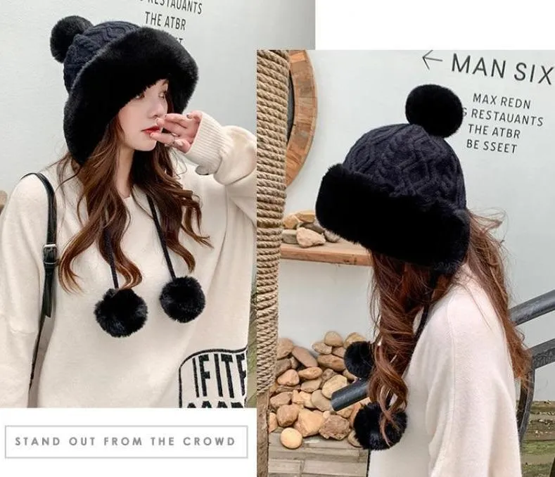 Knitted Woolly Hat With Faux Fur Trim and Pom Poms: Cute Winter Hat Female Russian Style Thick Warm Fur Hat Ladies Ski Girls