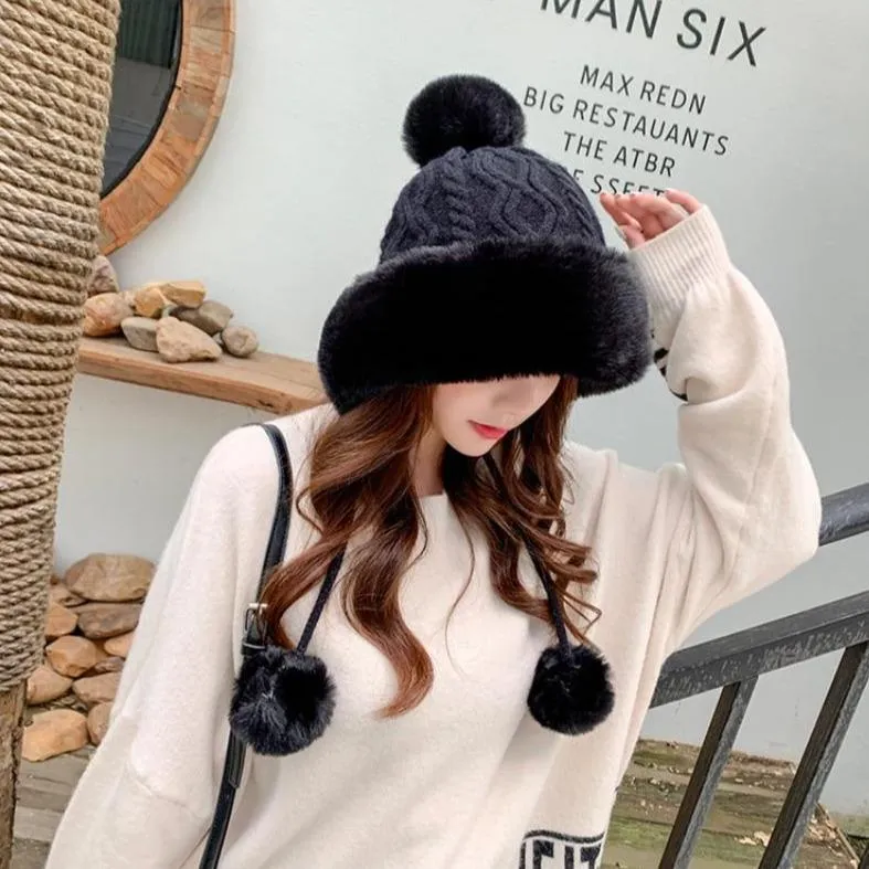 Knitted Woolly Hat With Faux Fur Trim and Pom Poms: Cute Winter Hat Female Russian Style Thick Warm Fur Hat Ladies Ski Girls