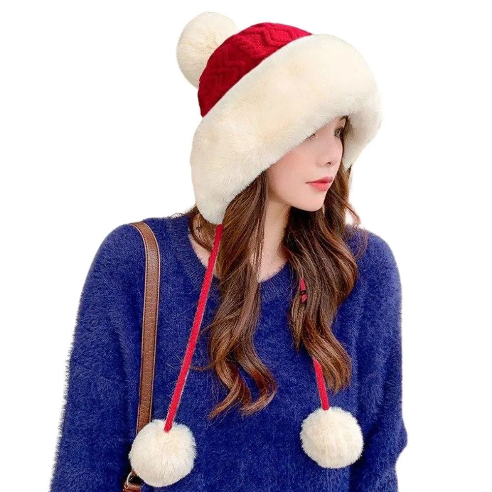 Knitted Woolly Hat With Faux Fur Trim and Pom Poms: Cute Winter Hat Female Russian Style Thick Warm Fur Hat Ladies Ski Girls