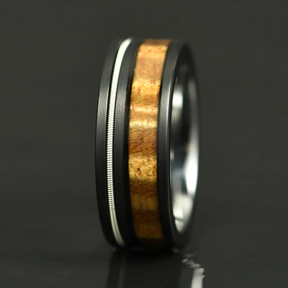 Koa & Strings - Hawaiian Koa Wood Guitar String Tungsten Mens Wedding Band 8MM