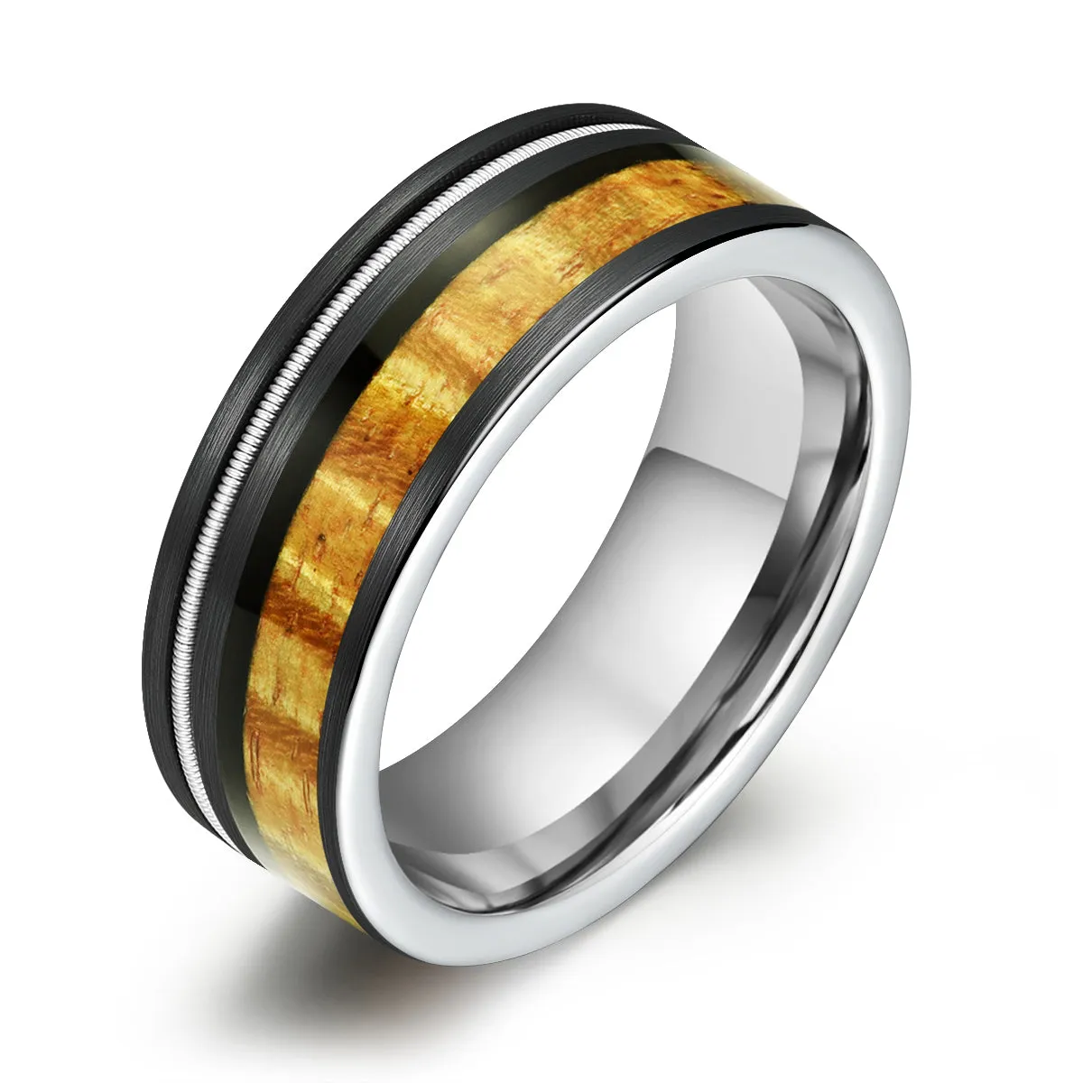 Koa & Strings - Hawaiian Koa Wood Guitar String Tungsten Mens Wedding Band 8MM