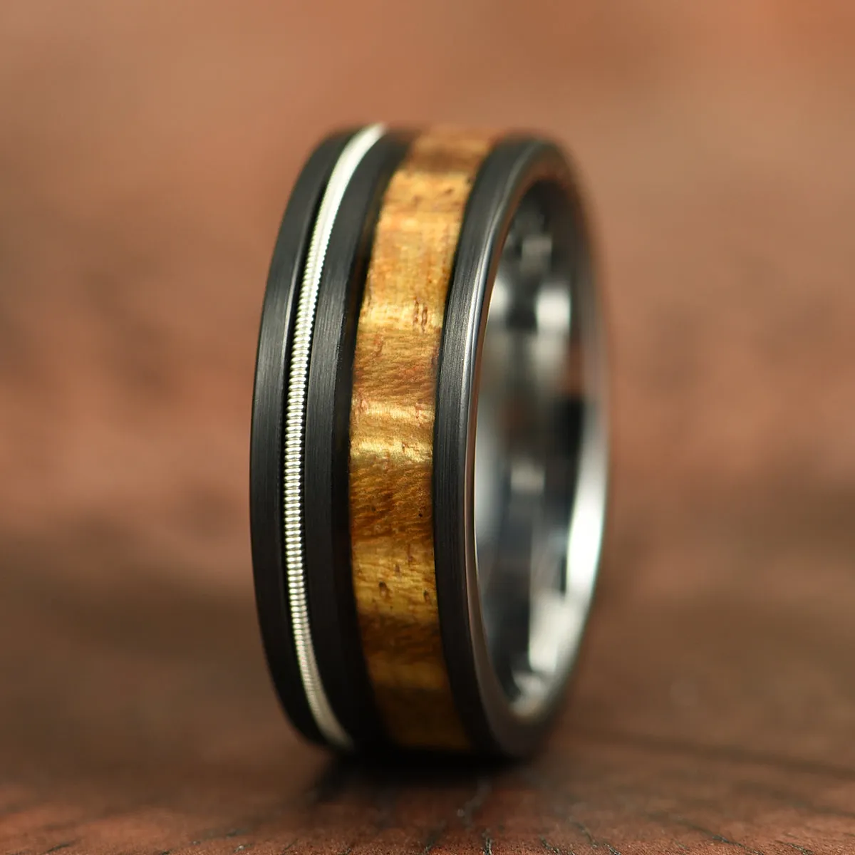 Koa & Strings - Hawaiian Koa Wood Guitar String Tungsten Mens Wedding Band 8MM