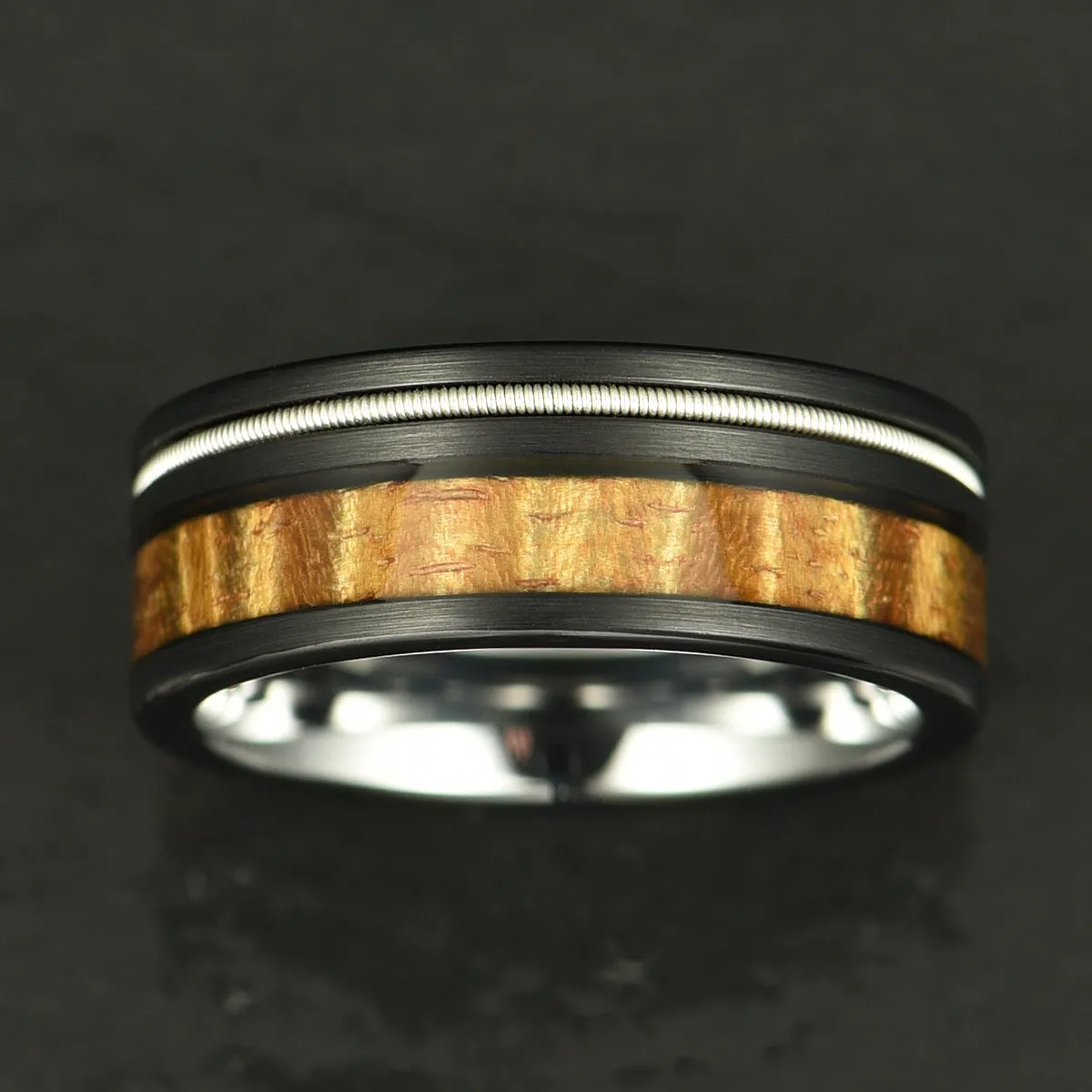 Koa & Strings - Hawaiian Koa Wood Guitar String Tungsten Mens Wedding Band 8MM