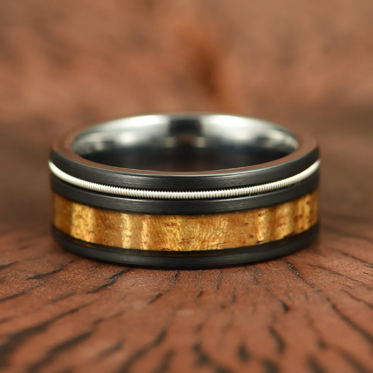 Koa & Strings - Hawaiian Koa Wood Guitar String Tungsten Mens Wedding Band 8MM