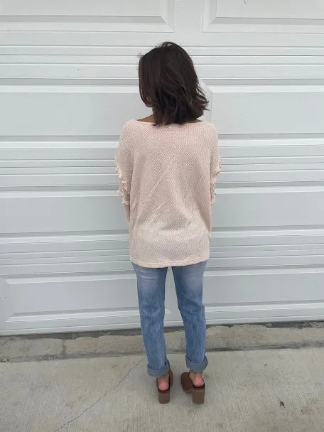 Lantern Sleeve Frill Trim Waffle Knit Pullover
