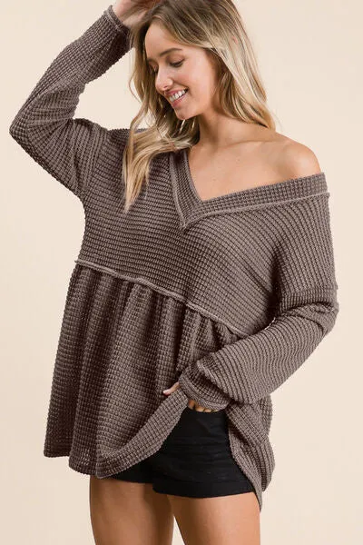 Layla Waffle Knit V-Neck Babydoll Top - Online Exclusive