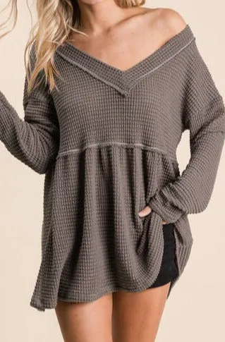 Layla Waffle Knit V-Neck Babydoll Top - Online Exclusive