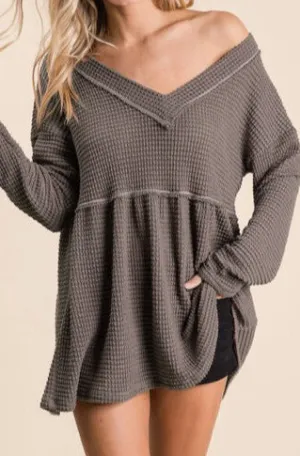 Layla Waffle Knit V-Neck Babydoll Top - Online Exclusive
