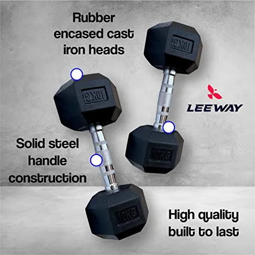 LEEWAY Hex Dumbbells Pack (20 kg*2)| Gym Dumbbells| Rubber Coating Free Weight Dumbbell Set| Rubber Encased Hex Fixed Dumbbell Weight| Professional Rubber Coated Hexa Dumbbells (20Kg Pair)