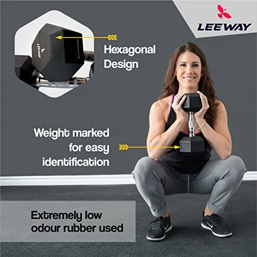 LEEWAY Hex Dumbbells Pack (20 kg*2)| Gym Dumbbells| Rubber Coating Free Weight Dumbbell Set| Rubber Encased Hex Fixed Dumbbell Weight| Professional Rubber Coated Hexa Dumbbells (20Kg Pair)