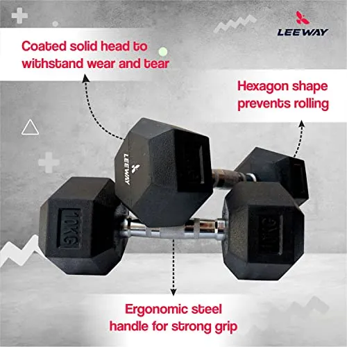 LEEWAY Hex Dumbbells Pack (20 kg*2)| Gym Dumbbells| Rubber Coating Free Weight Dumbbell Set| Rubber Encased Hex Fixed Dumbbell Weight| Professional Rubber Coated Hexa Dumbbells (20Kg Pair)