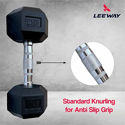 LEEWAY Hex Dumbbells Pack (20 kg*2)| Gym Dumbbells| Rubber Coating Free Weight Dumbbell Set| Rubber Encased Hex Fixed Dumbbell Weight| Professional Rubber Coated Hexa Dumbbells (20Kg Pair)