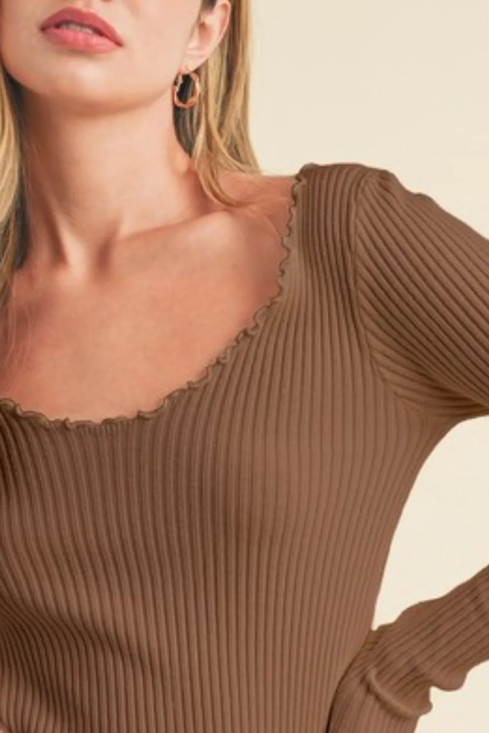 Lettuce Hem Scoop Neck Long Sleeve Knit Top