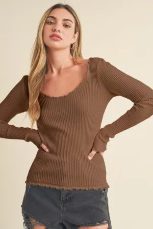 Lettuce Hem Scoop Neck Long Sleeve Knit Top