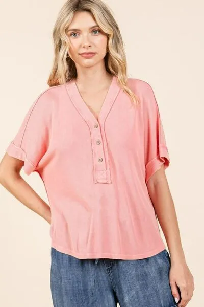 Light Coral Mineral Wash Henley Short Sleeve Waffle Knit Top