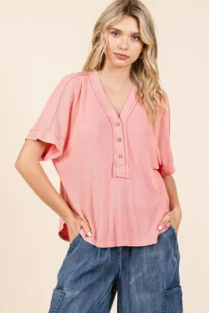 Light Coral Mineral Wash Henley Short Sleeve Waffle Knit Top