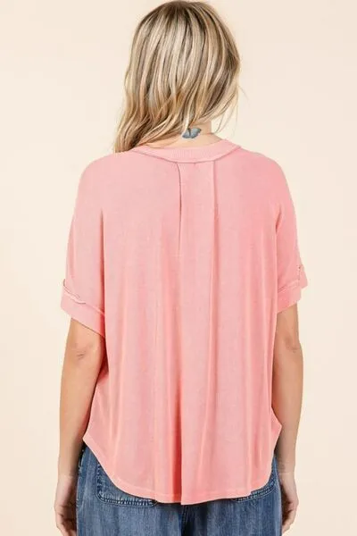 Light Coral Mineral Wash Henley Short Sleeve Waffle Knit Top