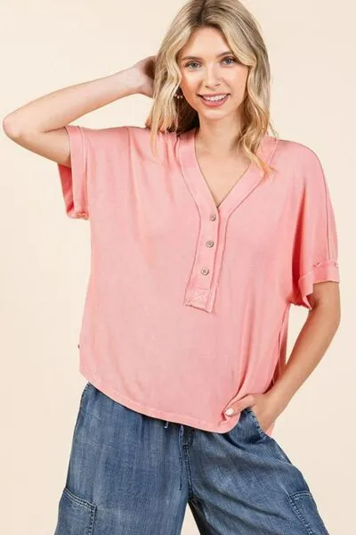 Light Coral Mineral Wash Henley Short Sleeve Waffle Knit Top