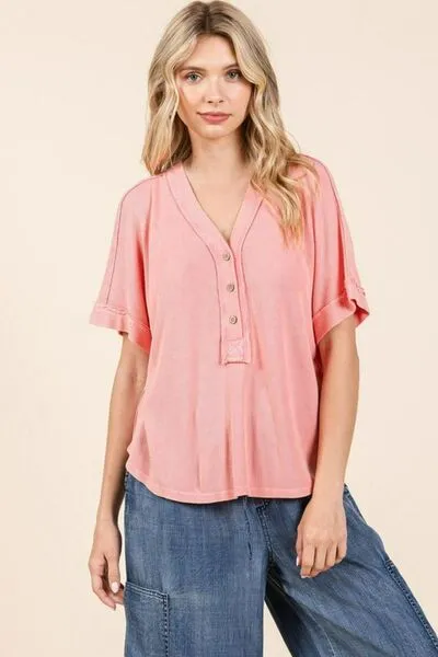 Light Coral Mineral Wash Henley Short Sleeve Waffle Knit Top