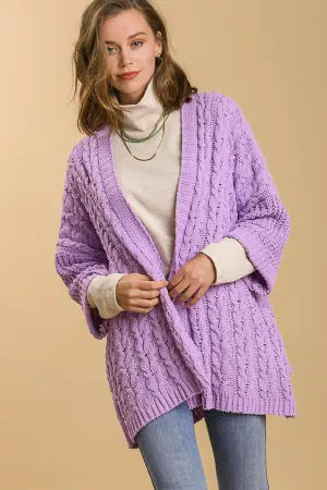 Lilac Cable Knit Open Front Long Sleeve Cardigan