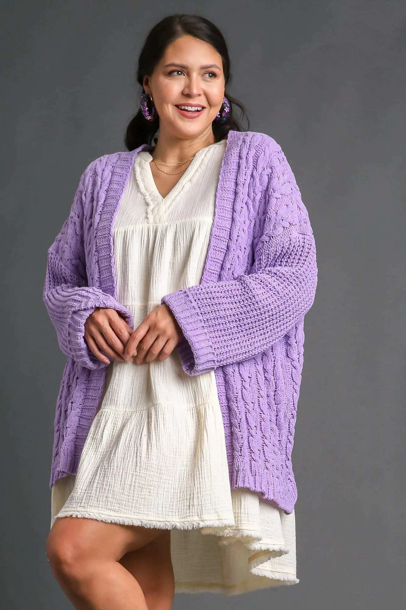 Lilac Cable Knit Open Front Long Sleeve Cardigan