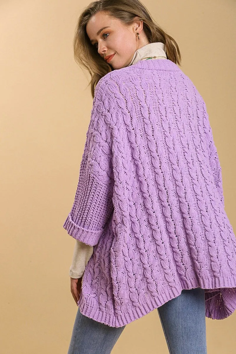 Lilac Cable Knit Open Front Long Sleeve Cardigan