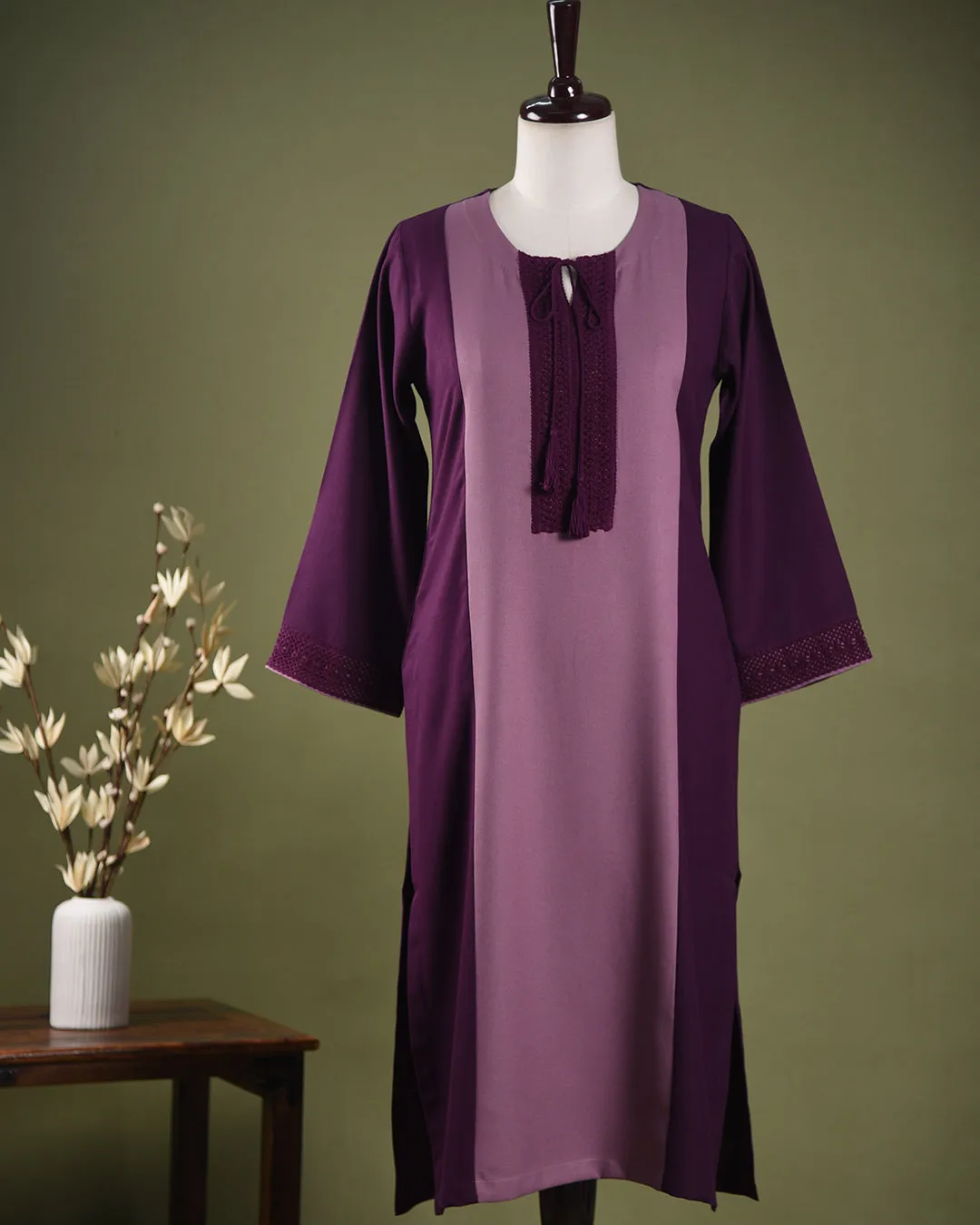Lilac With Wine Winter Wear Wool Spun Blend Ready To Wear Kurta With Pant
