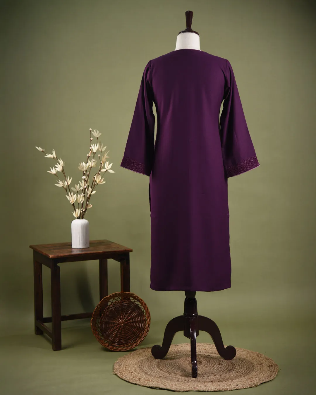 Lilac With Wine Winter Wear Wool Spun Blend Ready To Wear Kurta With Pant