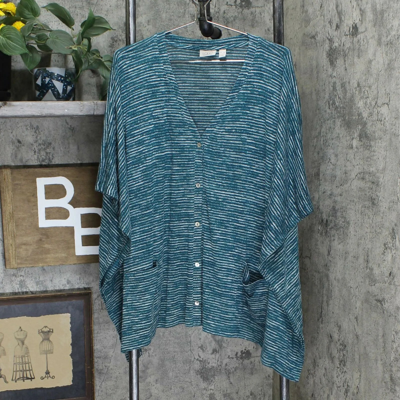 LOGO by Lori Goldstein Striated Sweater Knit Shrug & Tank Twinset Mystic Teal XL