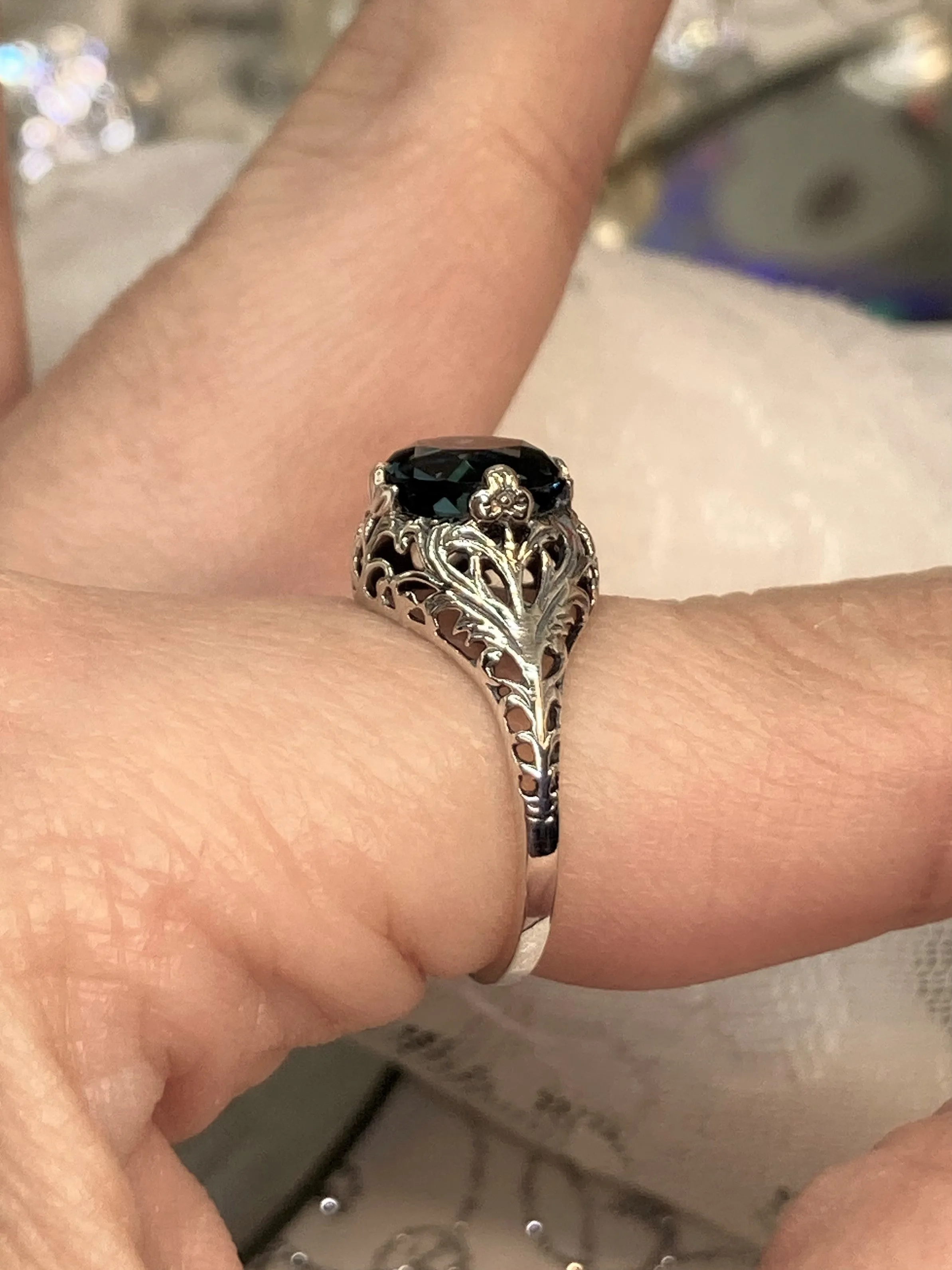 London Blue Topaz Ring, Natural or Simulated Blue Gemstone, Victorian Jewelry #D198