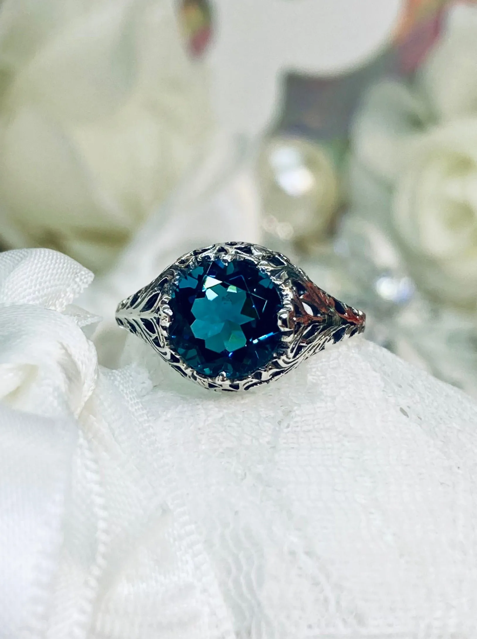 London Blue Topaz Ring, Natural or Simulated Blue Gemstone, Victorian Jewelry #D198