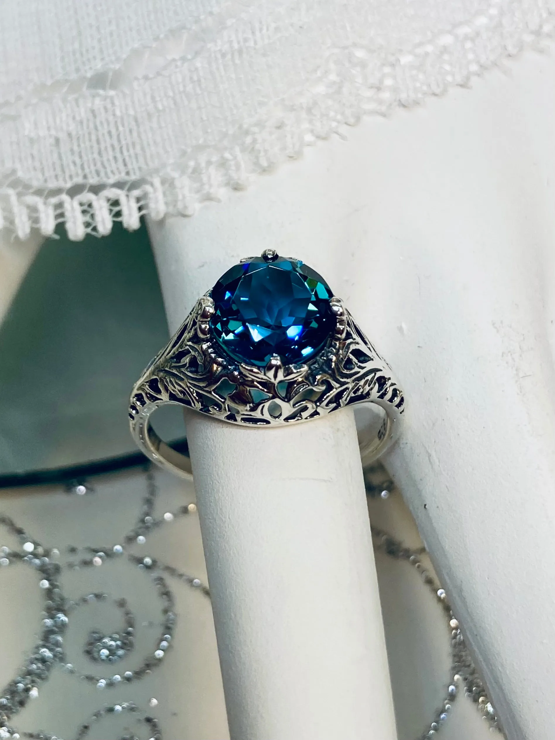 London Blue Topaz Ring, Natural or Simulated Blue Gemstone, Victorian Jewelry #D198