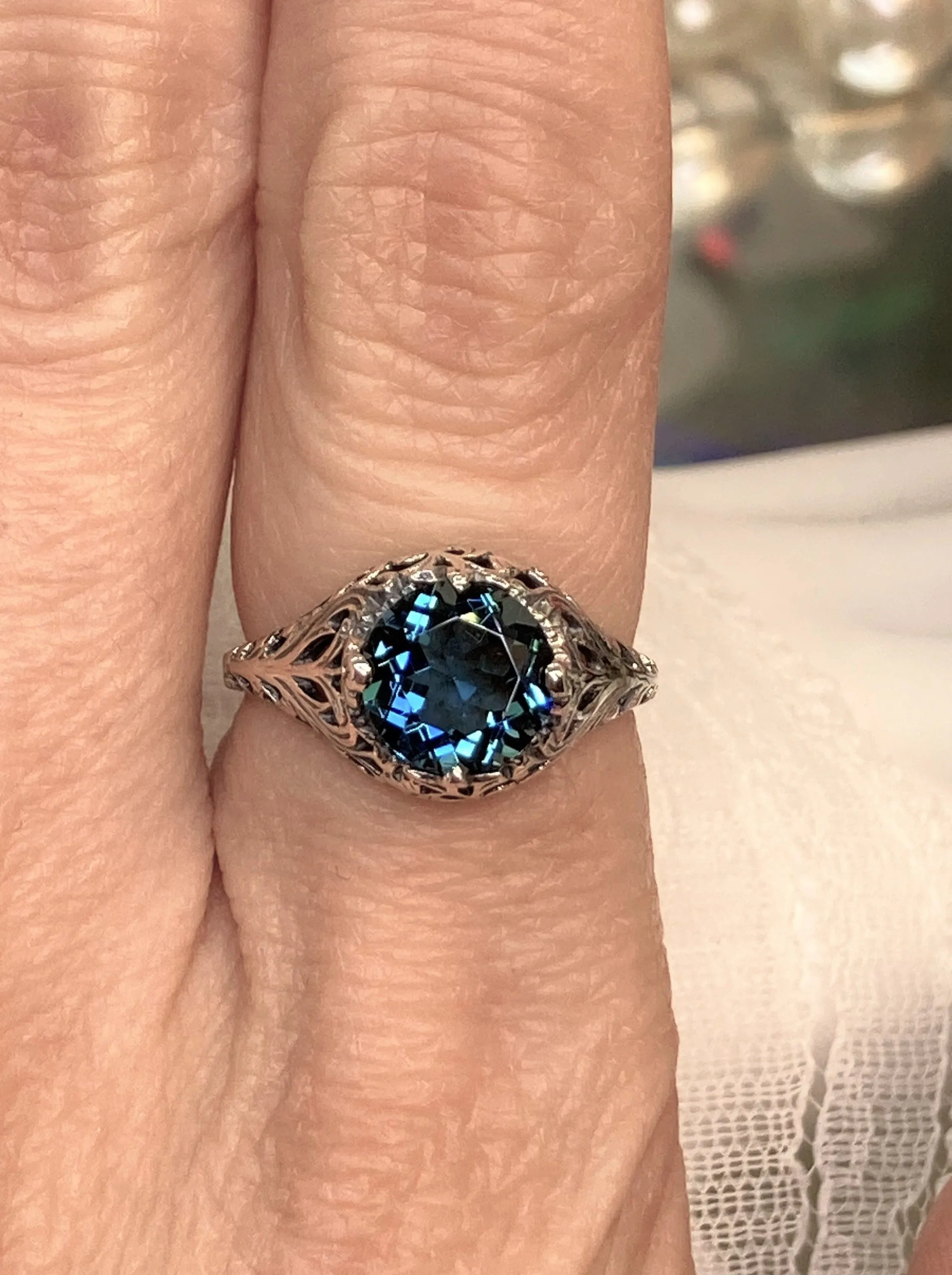 London Blue Topaz Ring, Natural or Simulated Blue Gemstone, Victorian Jewelry #D198