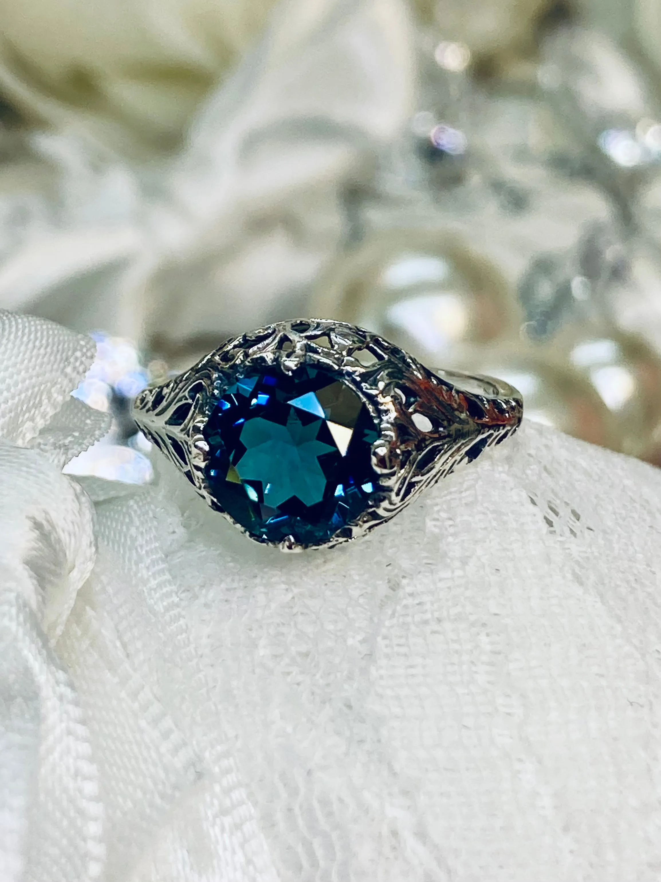 London Blue Topaz Ring, Natural or Simulated Blue Gemstone, Victorian Jewelry #D198