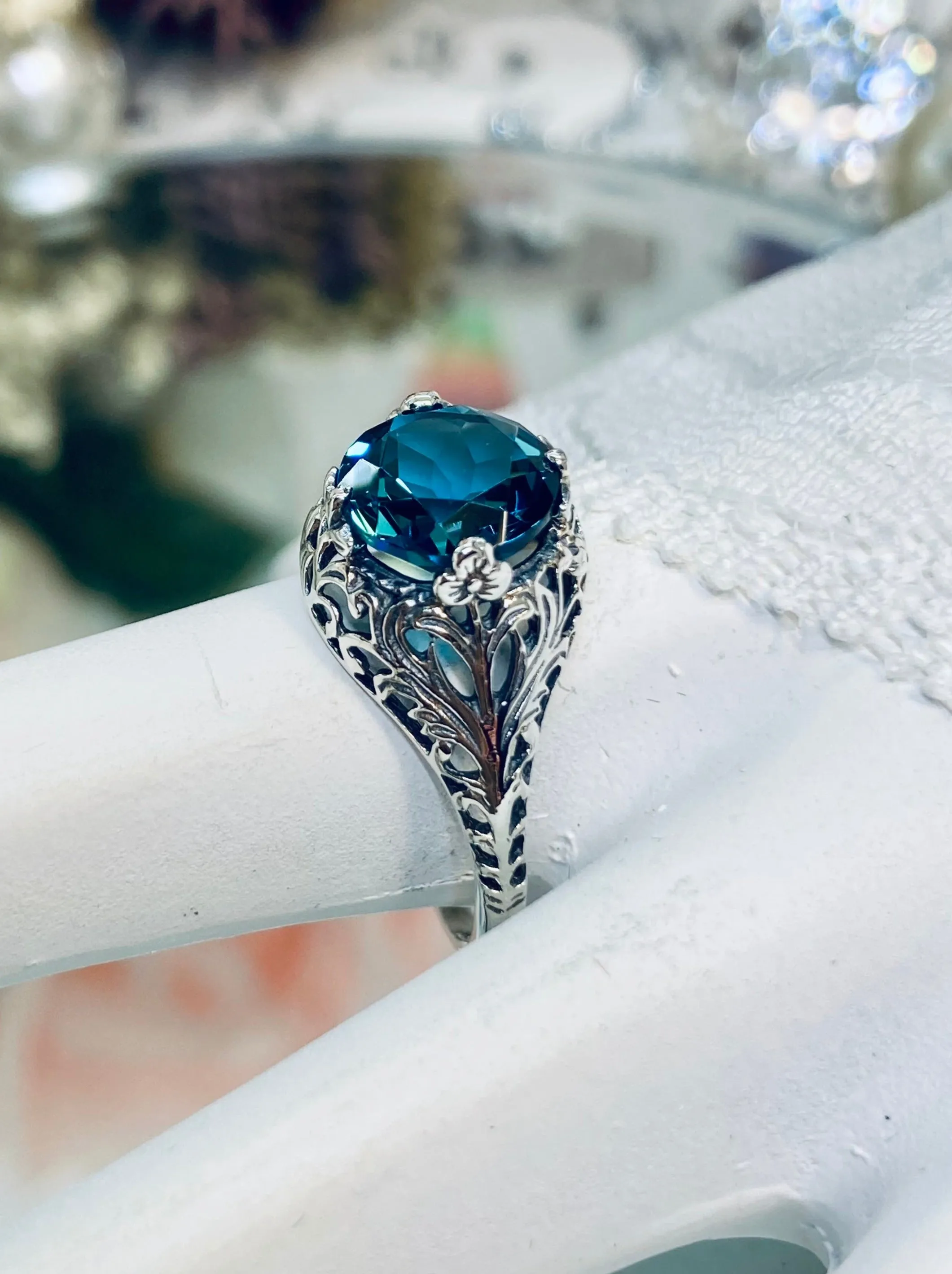 London Blue Topaz Ring, Natural or Simulated Blue Gemstone, Victorian Jewelry #D198