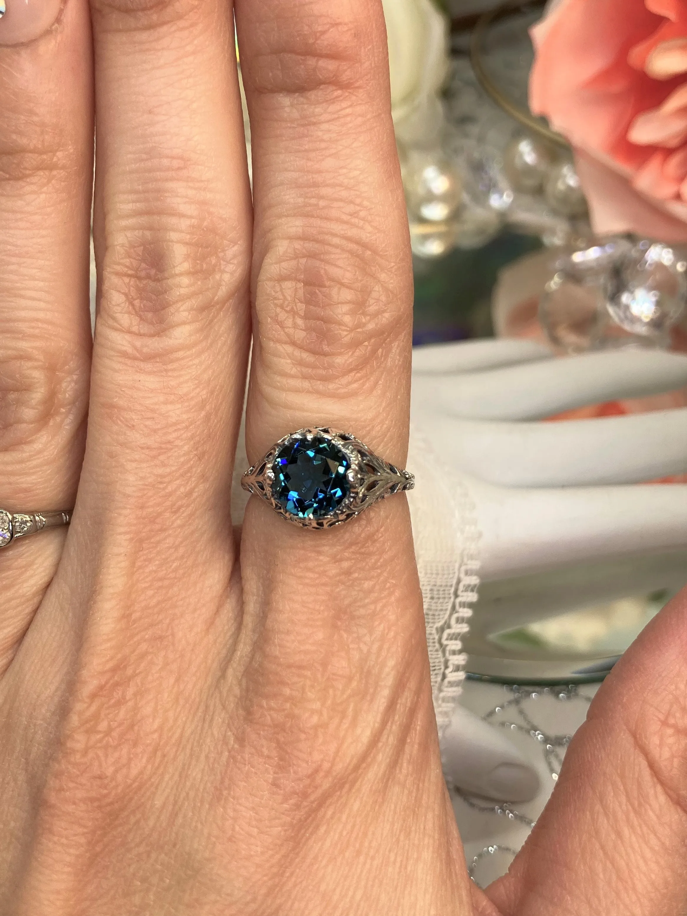 London Blue Topaz Ring, Natural or Simulated Blue Gemstone, Victorian Jewelry #D198