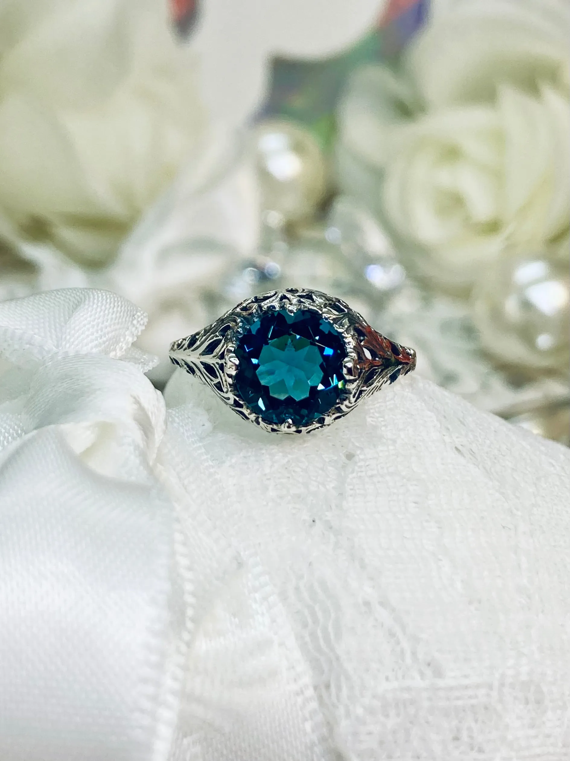 London Blue Topaz Ring, Natural or Simulated Blue Gemstone, Victorian Jewelry #D198