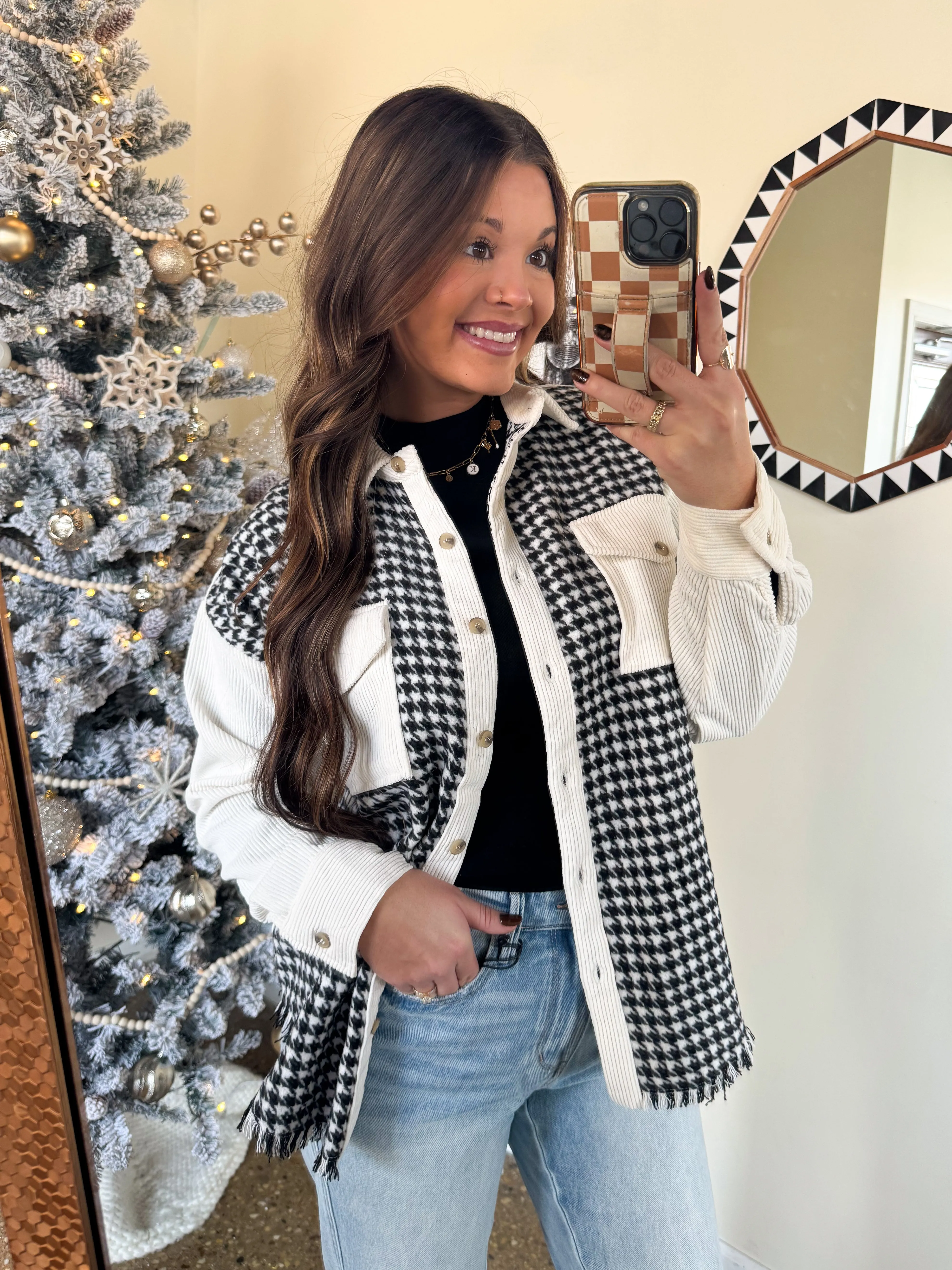 LOVE YOU SNOW MUCH HOUNDSTOOTH SHACKET