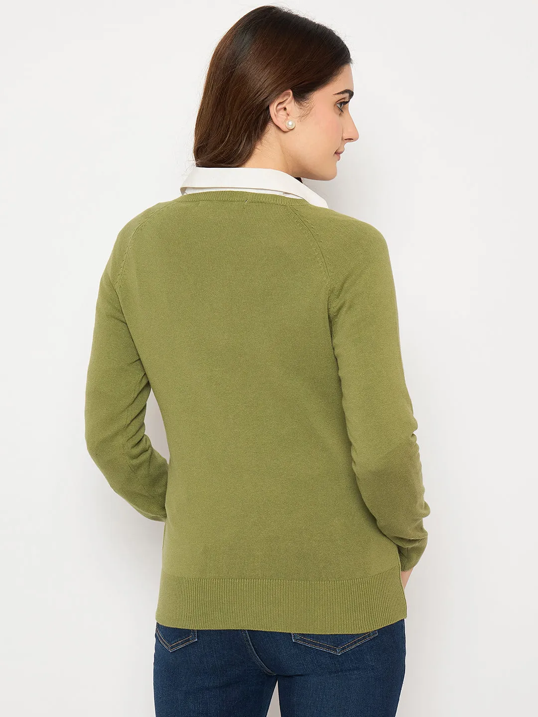 Madame V Neck Skinny Fit Olive Sweater