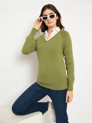 Madame V Neck Skinny Fit Olive Sweater
