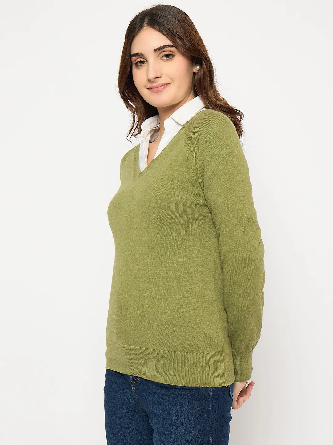 Madame V Neck Skinny Fit Olive Sweater
