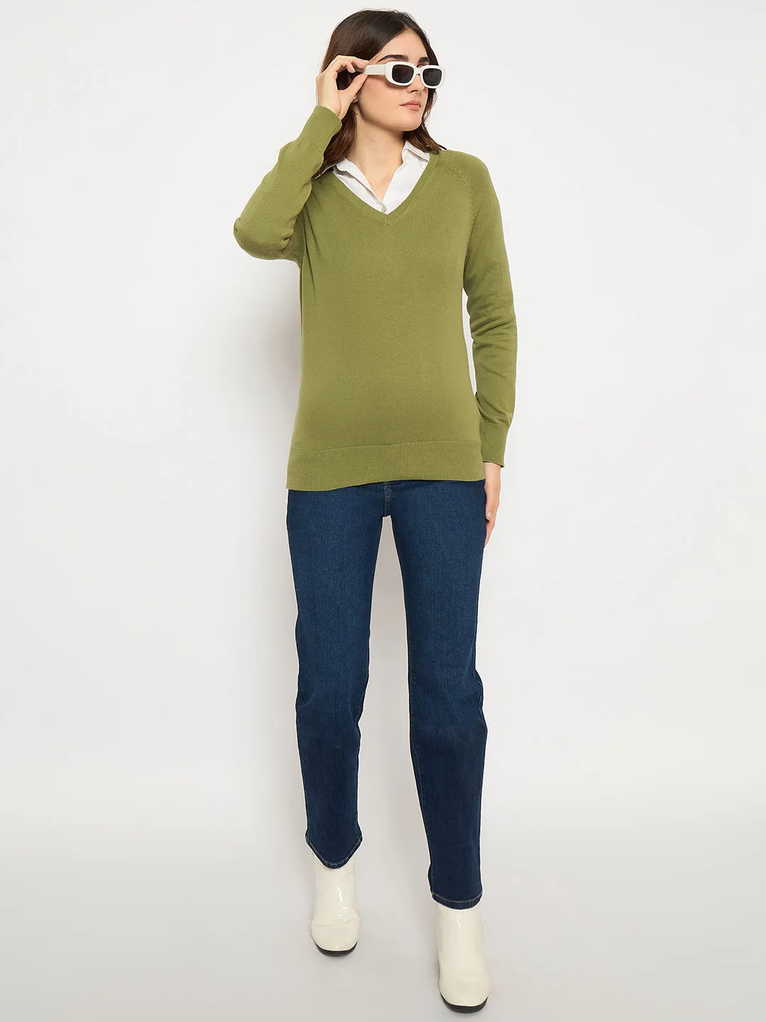 Madame V Neck Skinny Fit Olive Sweater