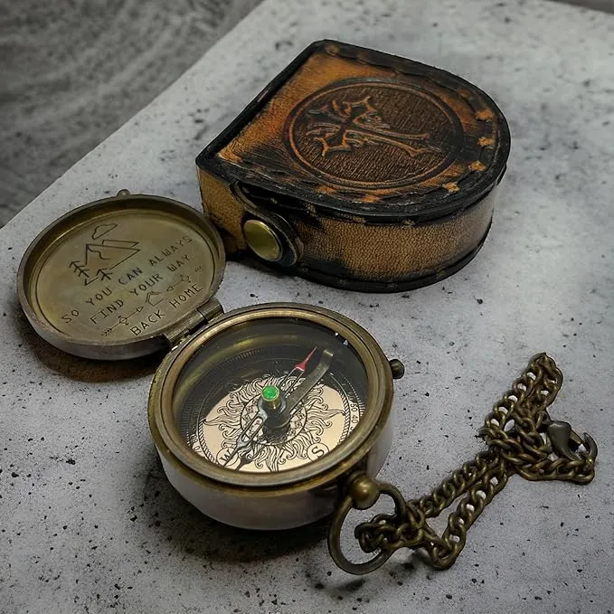 Maritime Brass Compass with case handamde Engraved Camping Pocket Style Compass for Her/Him