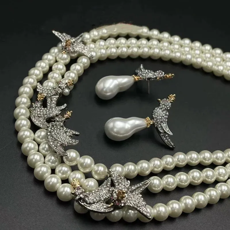 Medieval Luxury Bird Light Luxury high-end Silver Needle Baroque Glass Pearl Necklace set