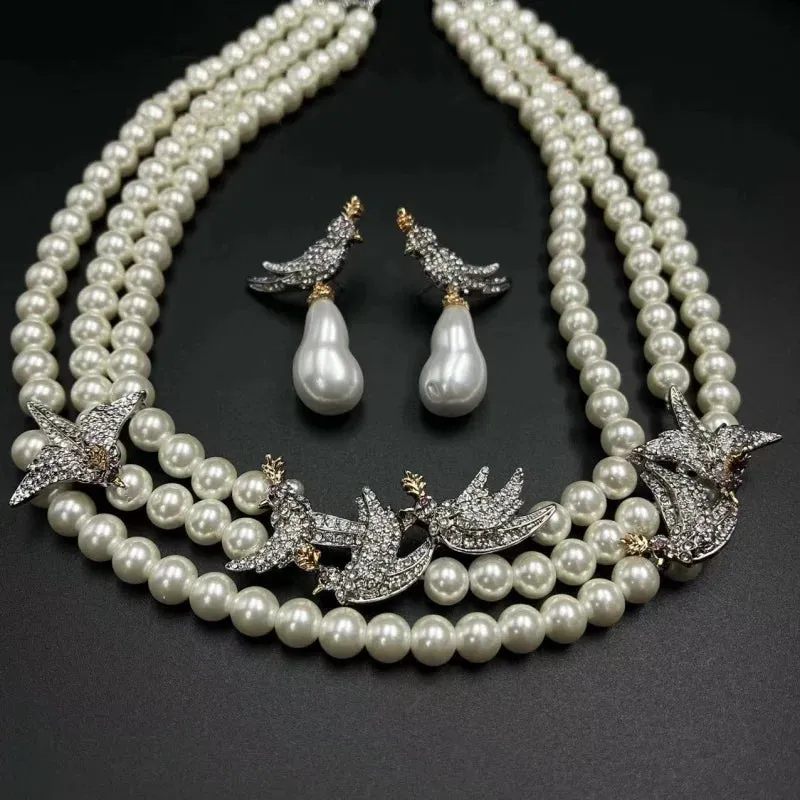 Medieval Luxury Bird Light Luxury high-end Silver Needle Baroque Glass Pearl Necklace set