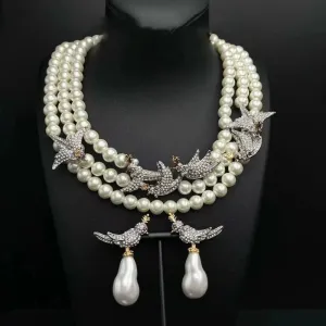Medieval Luxury Bird Light Luxury high-end Silver Needle Baroque Glass Pearl Necklace set