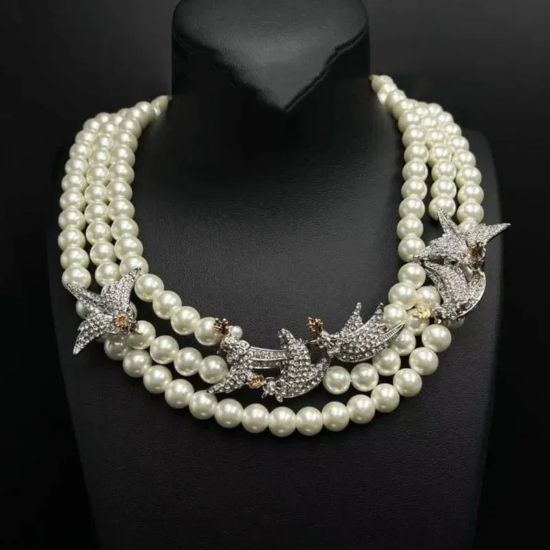 Medieval Luxury Bird Light Luxury high-end Silver Needle Baroque Glass Pearl Necklace set