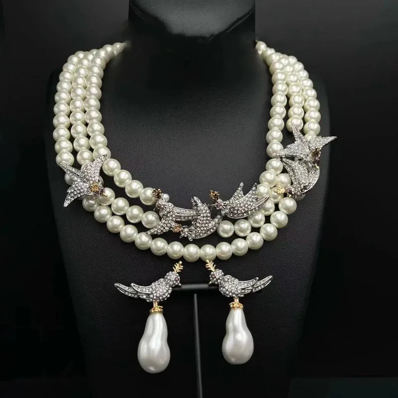 Medieval Luxury Bird Light Luxury high-end Silver Needle Baroque Glass Pearl Necklace set